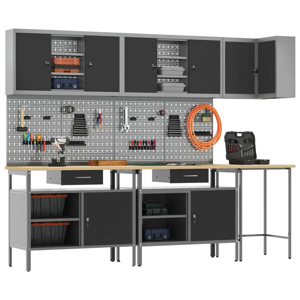 vidaXL Munkaszekr&eacute;ny K&eacute;szlet fi&oacute;kkal polcokkal 10 pcs Fekete &eacute;s Sz&uuml;rke