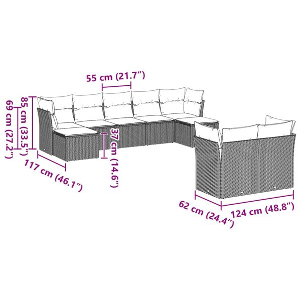 vidaXL 9 r&eacute;szes vil&aacute;gossz&uuml;rke polyrattan kerti &uuml;lőgarnit&uacute;ra p&aacute;rn&aacute;val