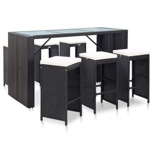 vidaXL 7 r&eacute;szes fekete polyrattan kerti b&aacute;rszett p&aacute;rn&aacute;kkal