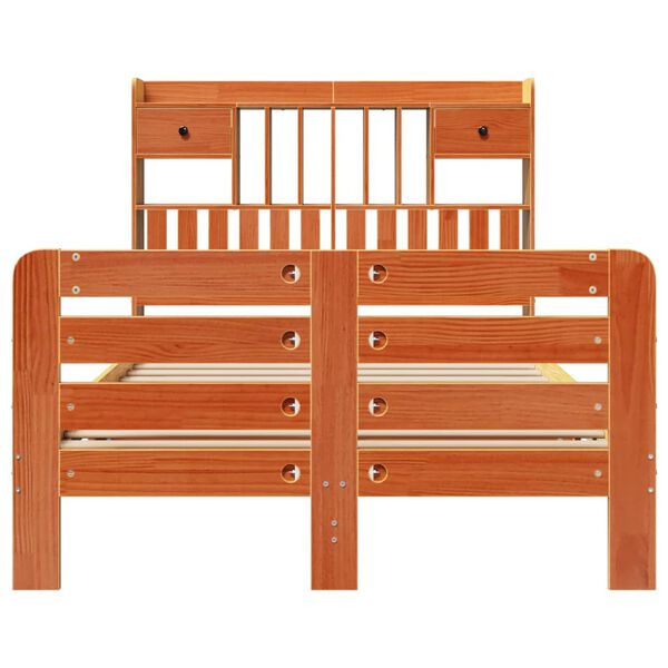 vidaXL barna tömör fenyőfa könyvespolcos ágy matrac nélkül 135 x 190cm
