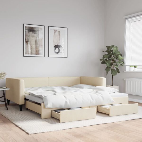 vidaXL kr&eacute;msz&iacute;nű kih&uacute;zhat&oacute; sz&ouml;vet heverő fi&oacute;kkal 100x200 cm