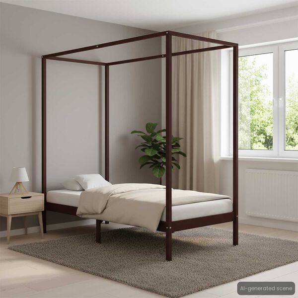 vidaXL sötétbarna tömör fenyőfa baldachinos ágykeret 100 x 200 cm