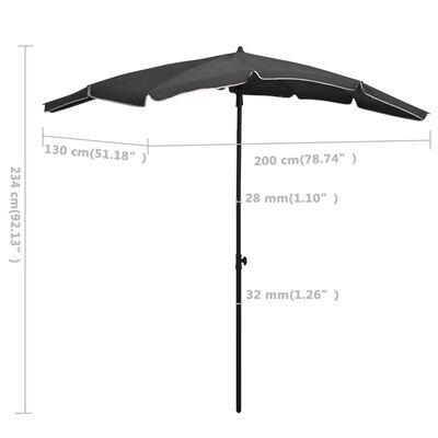 vidaXL antracitszürke napernyő rúddal 200 x 130 cm