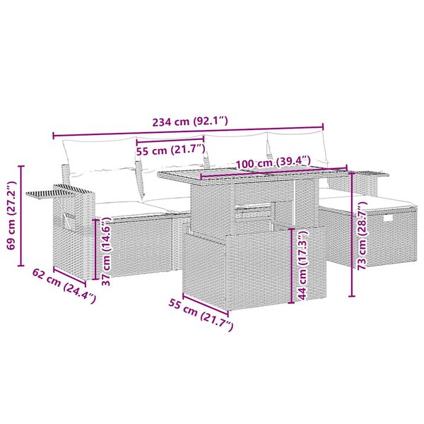 vidaXL 6 részes bézs polyrattan kerti ülőgarnitúra párnával