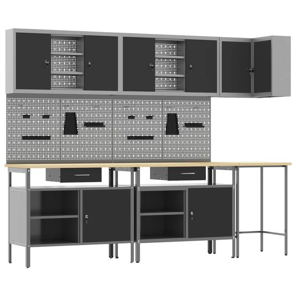 vidaXL Munkaszekr&eacute;ny K&eacute;szlet fi&oacute;kkal polcokkal 10 pcs Fekete &eacute;s Sz&uuml;rke