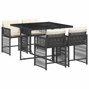 vidaXL 5 r&eacute;szes fekete polyrattan kerti &eacute;tkezőgarnit&uacute;ra p&aacute;rn&aacute;kkal