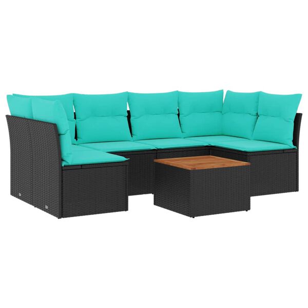 vidaXL 7 r&eacute;szes fekete polyrattan kerti &uuml;lőgarnit&uacute;ra p&aacute;rn&aacute;kkal