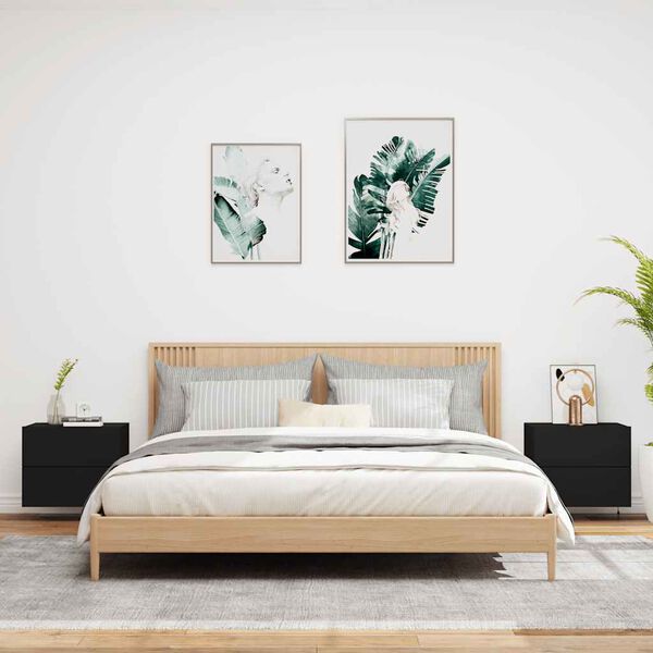 vidaXL 2 db fekete falra szerelhető éjjeliszekrény LED-világítással