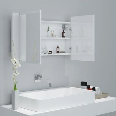 vidaXL magasfényű fehér LED-es fürdőszobai tükrös szekrény 80x12x45 cm