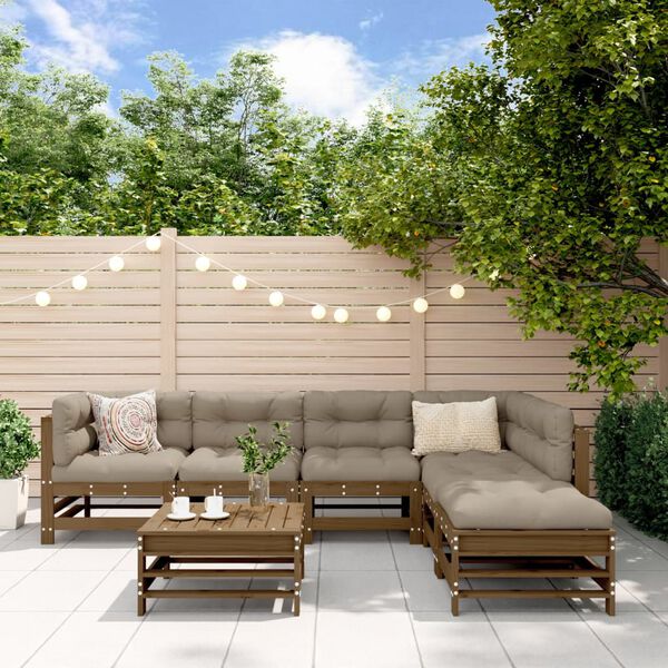 vidaXL 7 részes mézbarna tömör fa kerti ülőgarnitúra párnákkal