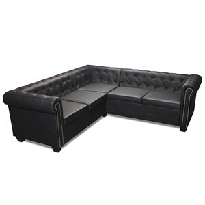vidaXL 5 szem&eacute;lyes fekete műbőr Chesterfield sarokkanap&eacute;
