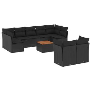 vidaXL 10 r&eacute;szes fekete polyrattan kerti &uuml;lőgarnit&uacute;ra p&aacute;rn&aacute;kkal