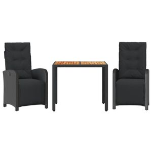 vidaXL 3 r&eacute;szes fekete polyrattan bisztr&oacute;garnit&uacute;ra p&aacute;rn&aacute;val