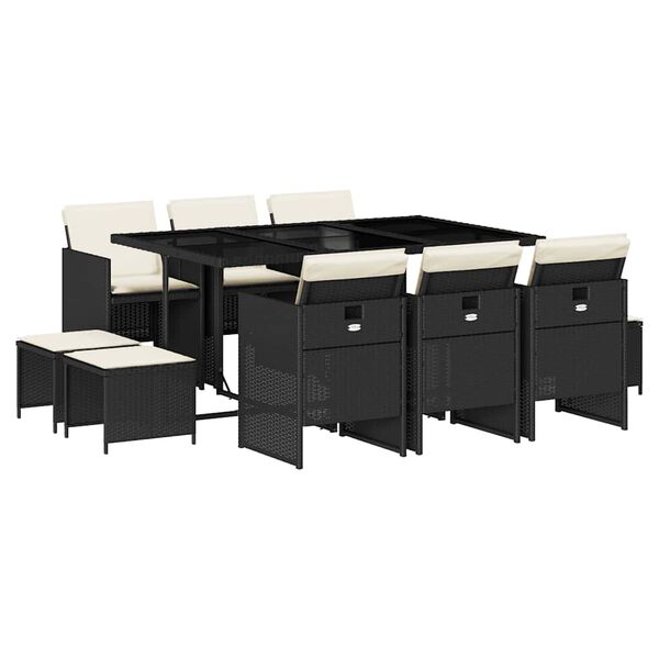 vidaXL 11 r&eacute;szes fekete polyrattan kerti &eacute;tkezőgarnit&uacute;ra p&aacute;rn&aacute;kkal