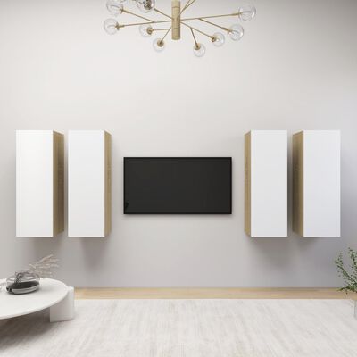 vidaXL 4 db fehér-sonoma színű forgácslap TV-szekrény 30,5x30x90 cm
