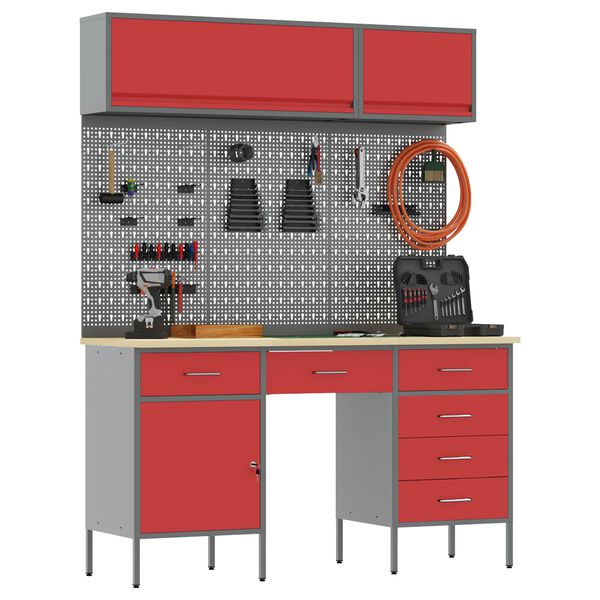 vidaXL Munkaszekr&eacute;ny K&eacute;szlet 8 pcs Piros Porsz&oacute;rt Ac&eacute;l &eacute;s M&eacute;rn&ouml;ki Fa