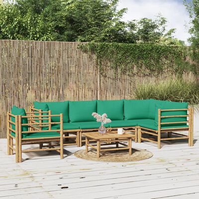 vidaXL 7 részes bambusz kerti ülőgarnitúra zöld párnákkal