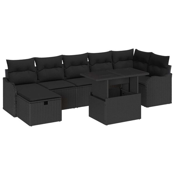 vidaXL Kerti Kanap&eacute; Szett p&aacute;rn&aacute;val t&aacute;rol&oacute;val 8 pcs Fekete Poli rattan