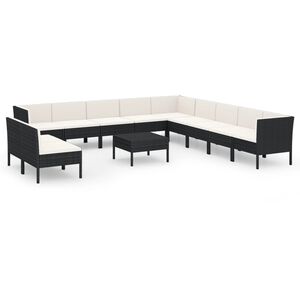 vidaXL 12 r&eacute;szes fekete polyrattan kerti &uuml;lőgarnit&uacute;ra p&aacute;rn&aacute;kkal