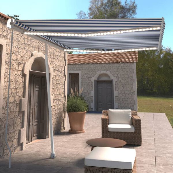 vidaXL kék és fehér kézzel kihúzható LED-es napellenző 300 x 250 cm