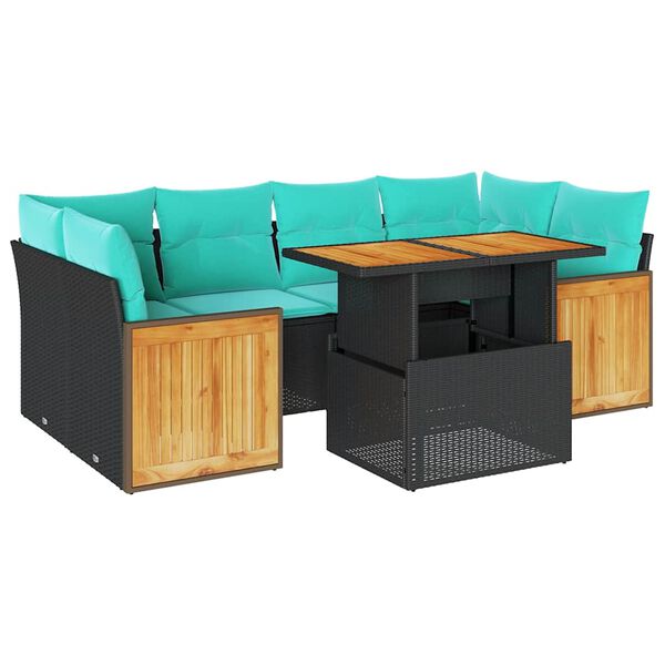 vidaXL 7 r&eacute;szes fekete polyrattan ak&aacute;cfa kerti &uuml;lőgarnit&uacute;ra p&aacute;rn&aacute;val