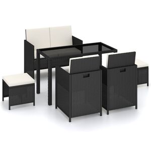 vidaXL 6-r&eacute;szes fekete polyrattan k&uuml;lt&eacute;ri &eacute;tkezőszett p&aacute;rn&aacute;kkal