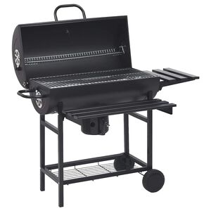 vidaXL fekete ac&eacute;l hengeres grills&uuml;tő ker&eacute;kkel &eacute;s polccal 115x85x95 cm