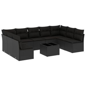 vidaXL 10 r&eacute;szes fekete polyrattan kerti &uuml;lőgarnit&uacute;ra p&aacute;rn&aacute;kkal