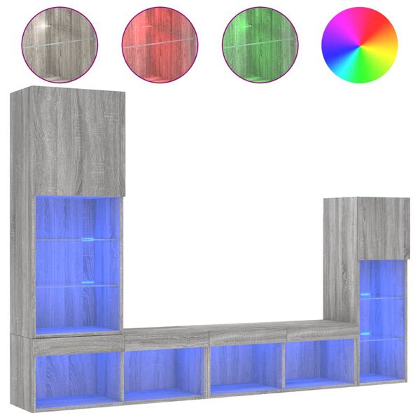 vidaXL 4 darab sz&uuml;rke sonoma sz&iacute;nű szerelt fa fali TV-b&uacute;tor LED-del