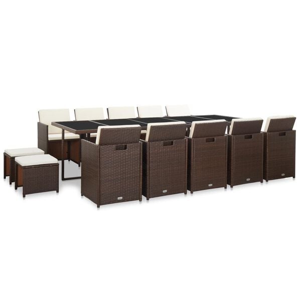 vidaXL 15-r&eacute;szes barna polyrattan k&uuml;lt&eacute;ri &eacute;tkezőszett p&aacute;rn&aacute;kkal