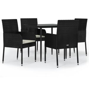 vidaXL 5 r&eacute;szes fekete polyrattan kerti &eacute;tkezőgarnit&uacute;ra p&aacute;rn&aacute;kkal