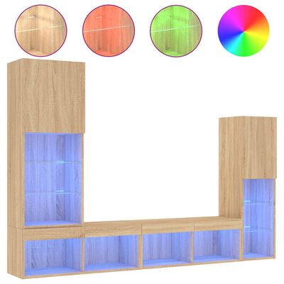 vidaXL 4 darab füstös tölgy színű szerelt fa TV-bútor LED-del