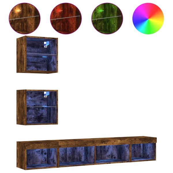 vidaXL 5 darab f&uuml;st&ouml;s t&ouml;lgy sz&iacute;nű szerelt fa TV-b&uacute;tor LED-del