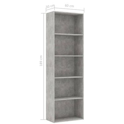 vidaXL 5-szintes betonszürke forgácslap könyvszekrény 60 x 30 x 189 cm