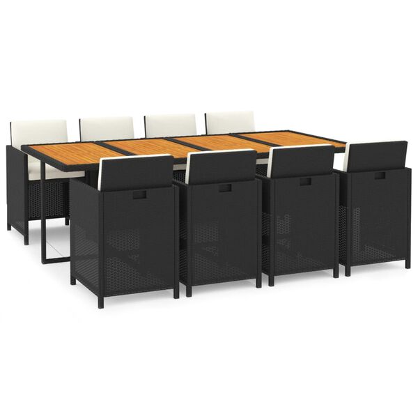 vidaXL 9 r&eacute;szes fekete polyrattan kerti &eacute;tkezőgarnit&uacute;ra p&aacute;rn&aacute;kkal