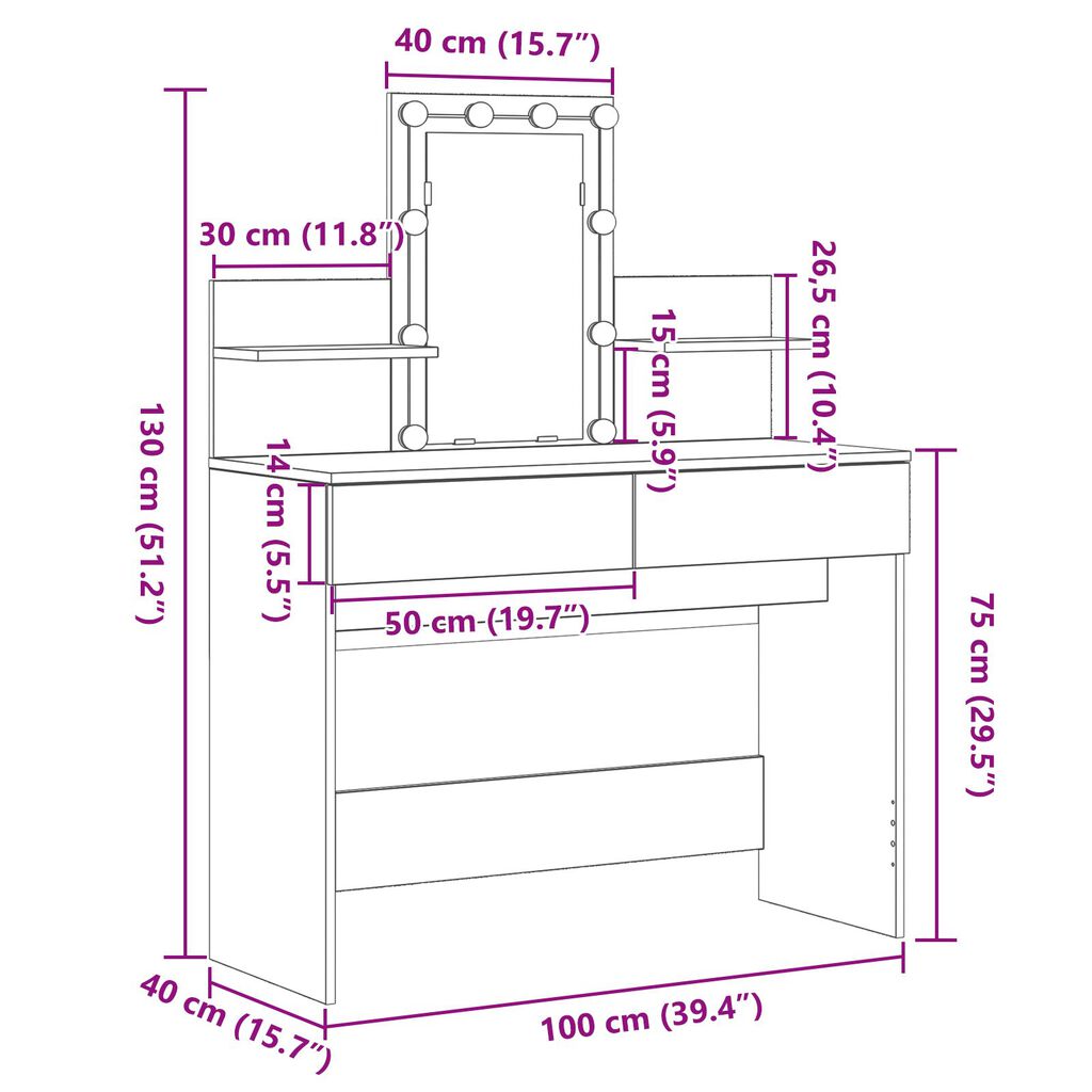 vidaXL Sminktükör fiókkal tárolóval Öreg fa 100 x 40 x 130 cm Faanyag