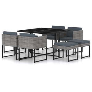 vidaXL 9 r&eacute;szes sz&uuml;rke polyrattan kerti &eacute;tkezőszett p&aacute;rn&aacute;kkal
