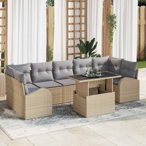 vidaXL Kerti Kanap&eacute; Szett p&aacute;rn&aacute;val t&aacute;rol&oacute;val 8 pcs B&eacute;zs Poly Rattan
