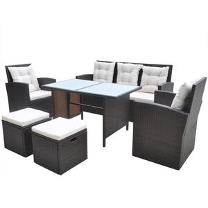 vidaXL 6-r&eacute;szes barna k&uuml;lt&eacute;ri polyrattan &eacute;tkezőszett p&aacute;rn&aacute;kkal