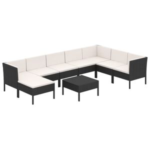 vidaXL 9 r&eacute;szes fekete polyrattan kerti &uuml;lőgarnit&uacute;ra p&aacute;rn&aacute;kkal
