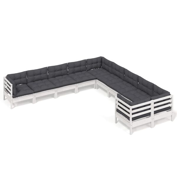 vidaXL 10 részes fehér fenyőfa kerti ülőgarnitúra párnákkal