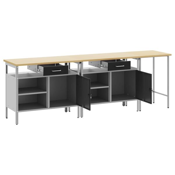 vidaXL Munkapad k&eacute;szlet fi&oacute;kkal 3 pcs Piros &eacute;s Sz&uuml;rke Porsz&oacute;rt ac&eacute;l