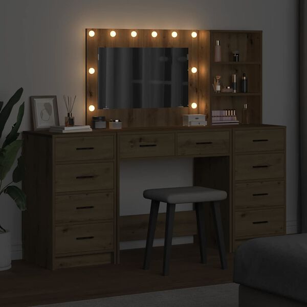 vidaXL &Ouml;lt&ouml;zk&ouml;dőasztal t&uuml;k&ouml;r l&aacute;mp&aacute;kkal 3 pcs Artisan t&ouml;lgy Faanyag