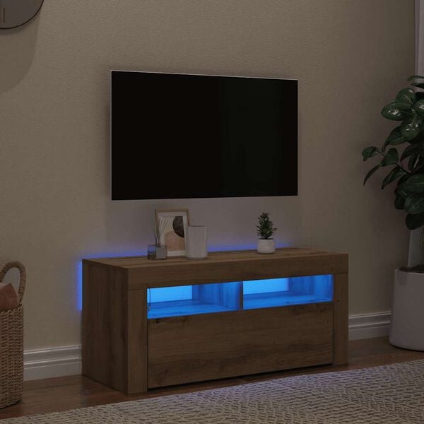vidaXL k&eacute;zműves t&ouml;lgy szerelt fa TV-szekr&eacute;ny LED-ekkel 90x35x40 cm