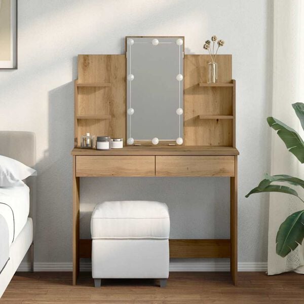 vidaXL k&eacute;zműves t&ouml;lgy sz&iacute;nű f&eacute;s&uuml;lk&ouml;dőasztal LED-del 96x40x142 cm