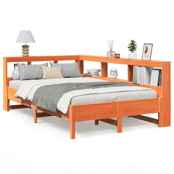 vidaXL barna t&ouml;m&ouml;r fenyőfa k&ouml;nyvespolcos &aacute;gy matrac n&eacute;lk&uuml;l 120 x 190cm