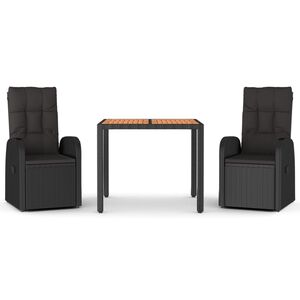 vidaXL 3 r&eacute;szes fekete polyrattan kerti &eacute;tkezőgarnit&uacute;ra p&aacute;rn&aacute;kkal