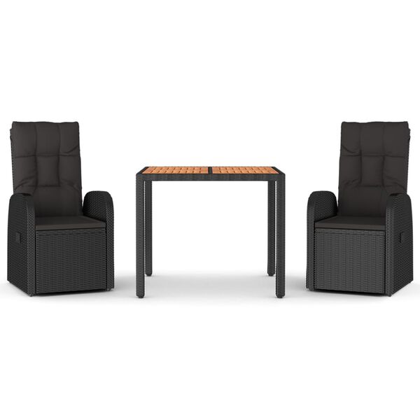 vidaXL 3 r&eacute;szes fekete polyrattan kerti &eacute;tkezőgarnit&uacute;ra p&aacute;rn&aacute;kkal