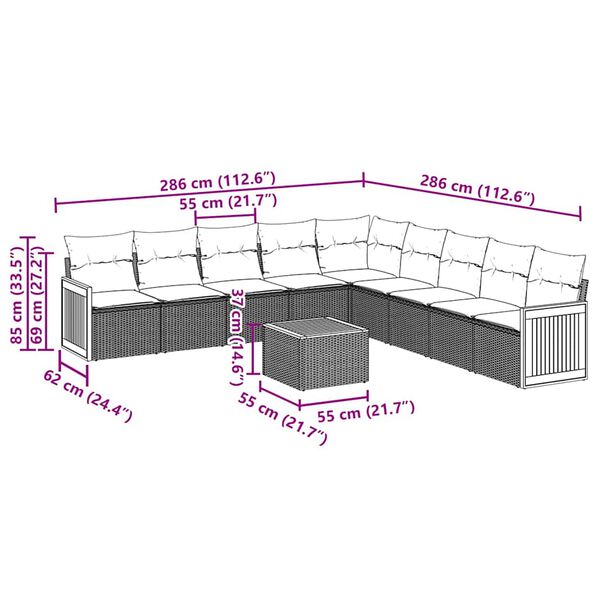 vidaXL 10 r&eacute;szes fekete polyrattan kerti &uuml;lőgarnit&uacute;ra p&aacute;rn&aacute;kkal