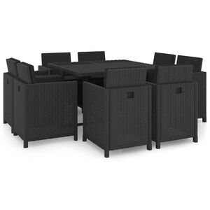 vidaXL 9 r&eacute;szes fekete polyrattan k&uuml;lt&eacute;ri &eacute;tkezőszett p&aacute;rn&aacute;kkal